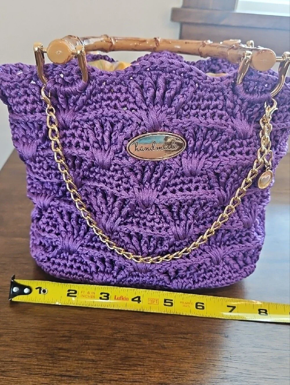 Hand Crocheted Purple Hand Bag with Bamboo Handles - Picture 4 of 4